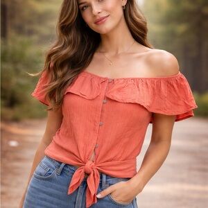 Free People Coral Tie-Front Ruffle Blouse